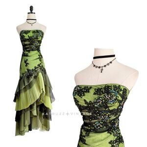 Vintage Prom Dress Maxi Gown XS Green Black Y2K Fairy Goth Lace Ruffle Bead Mesh
